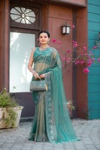 Saree Blouse Bollywood Indian Green Sarees Designer Party Wedding Sari Free Bag - £36.35 GBP