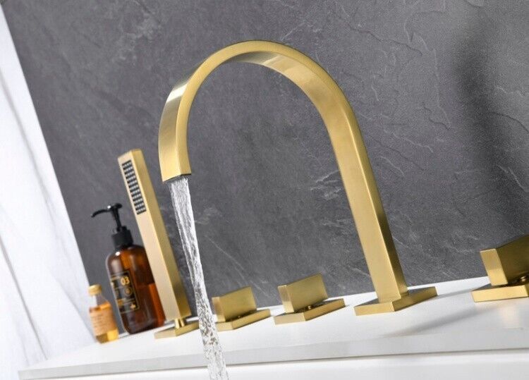 Brushed gold 5 Holes Square Tub Bathtub Brass Faucet with Hand Shower Spray - $197.01