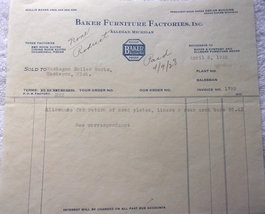 Vintage Baker Furniture Factories Inc. Allegan Michigan Invoice 1928 - £5.49 GBP