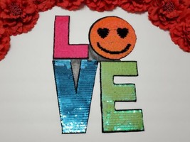 Iron On Applique Patches, Sequin Love patch, Smiling face patch  - £6.55 GBP