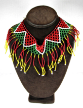 Vintage Beaded Collar Necklace Bead Dangle Lines Red Green Yellow White Artisan - £22.22 GBP