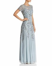 Adrianna Papell Hand Beaded Short Sleeve Floral Godet Gown In Blue Heather - $259.00