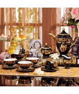 15 pc Set European Luxury Bone China Coffee Tea Set Black / Gold Painted... - £639.47 GBP