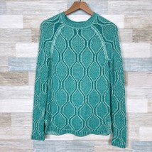 Lands End Raglan Chunky Knit Sweater Green White Cotton Casual Womens Sm... - £27.58 GBP