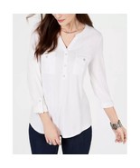 Style &amp; Co Womens XL White Split Neck Roll Tab Sleeve Pockets Top NWD CZ23 - €16,80 EUR