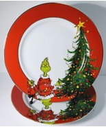 2 Dinner Plates BEAUTIFUL!!! THE GRINCH Elegant Christmas Red w Gold Rim... - $35.59