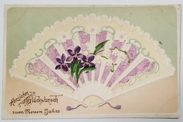 Greeting Herzlichen Gluckwunsch Silk Applique Diecut Fan Floral Postcard Z4 - £5.54 GBP