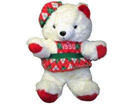 K Mart Christmas Teddy Vintage 1990 Bear 18&quot; White Red Dress Hat Plush 1986 Tag - £24.77 GBP