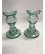 Pair candle holders sticks spain recycle glass green 6 by 4 inch table d... - £31.72 GBP