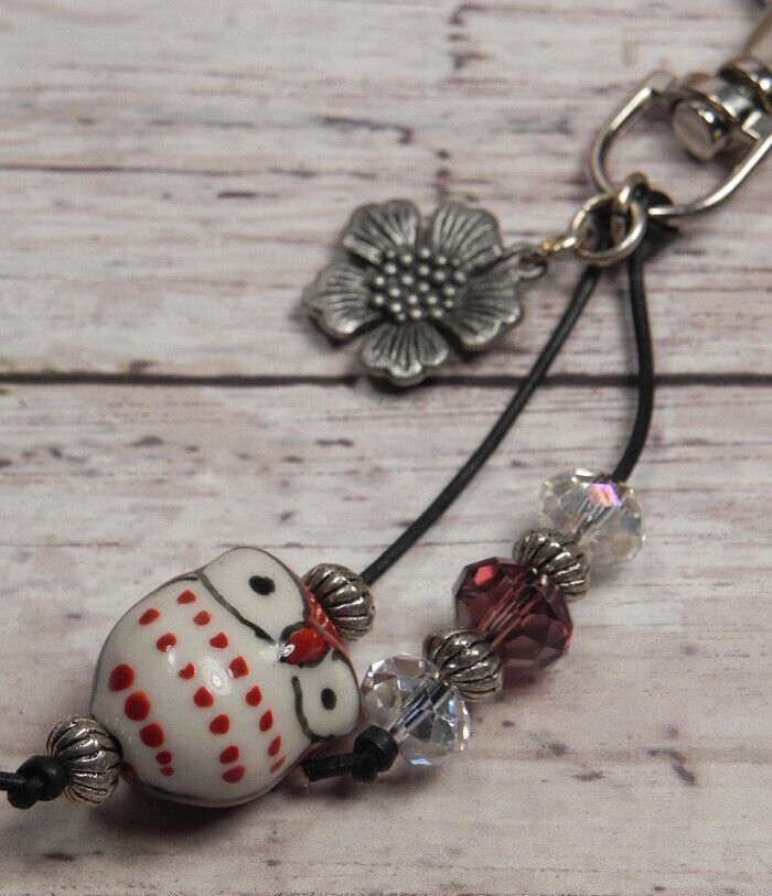 Primary image for Owl Brown Ceramic Crystal Beaded Handmade Purse Planner Charm Keychain Clip