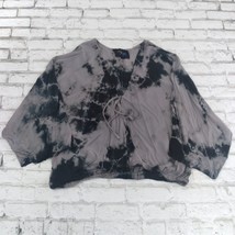 Blue Life Top Womens Small Gray Black Tie Dye Oversized Tie Neck Faux Wrap Boho - £14.23 GBP