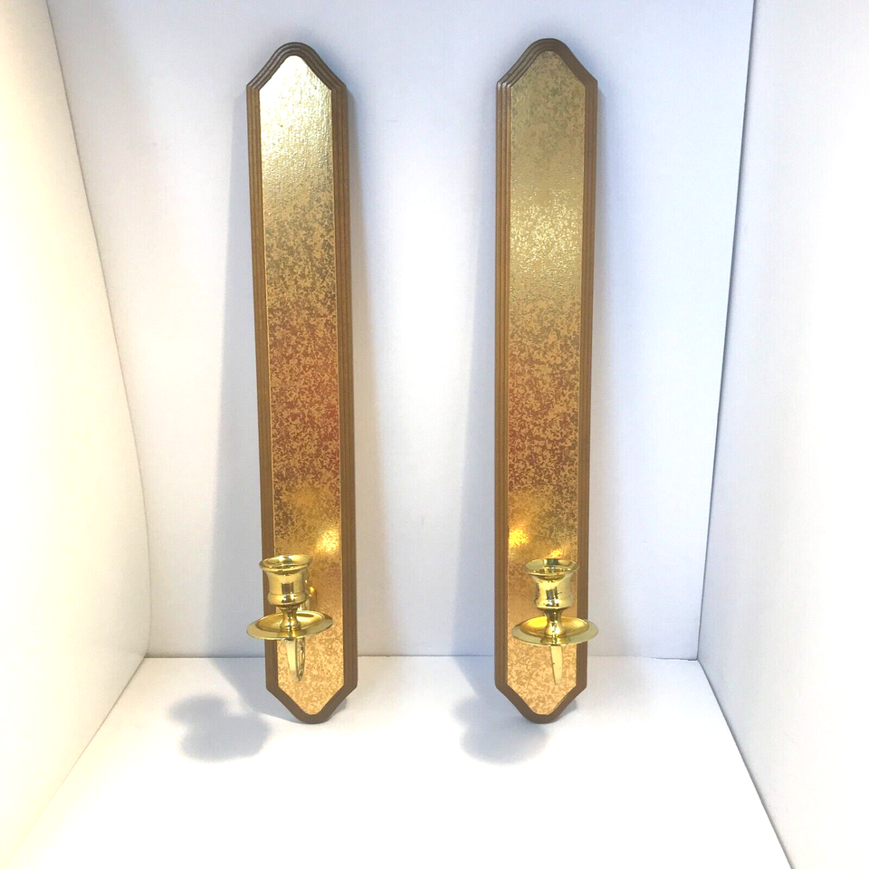 Primary image for Golden Wall Hanging Sconces Tall Thin Wood & Brass Candle Holder MCM Retro VTG