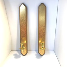 Golden Wall Hanging Sconces Tall Thin Wood &amp; Brass Candle Holder MCM Retro VTG - £23.69 GBP