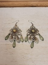Vintage Handmade Earrings Folk Art  Costume Jewelry Green Crystal Leaves - £12.38 GBP