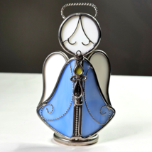 Angel Holding Candle White Blue Stained Glass Christmas Suncatcher 5.75” Tall - £15.57 GBP