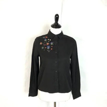 Beach Lunch Lounge Floral Embroidered Blouse Black Button Up Top Women Size XS - £10.94 GBP