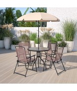 Patio Set 6-Piece Table Folding Chairs Brown Umbrella Garden Backyard Fu... - £257.56 GBP