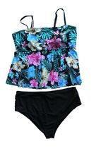 Tankini Swimsuit Set Womens 4XL Black Tropical High Waist 2 Piece - $14.87