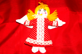 fabric ANGEL ornament red gown blond hair 5.5&quot; tall (H/bag) - £3.82 GBP