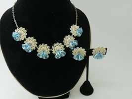 Vintage Plastic Blue Flower Necklace Earrings Rhinestones Silver Tone Clip On - £27.86 GBP