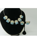 Vintage Plastic Blue Flower Necklace Earrings Rhinestones Silver Tone Cl... - £27.72 GBP