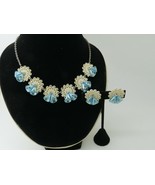 Vintage Plastic Blue Flower Necklace Earrings Rhinestones Silver Tone Cl... - $47.98 CAD