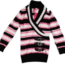 GIRLS PULLOVER SWEATER STRIPE PINK,BLACK& IVORY SIZE 6X(L)ACCENTED BELT&BUCKLE  - £23.09 GBP