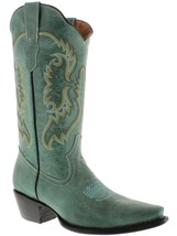 Women Mid Calf Western Cowboy Boots Turquoise Stitched Leather Snip Toe ... - £70.80 GBP