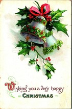 Holly Wrapped Silver Bells Bow Embossed Very Happy Christmas 1909 DB Postcard C4 - £5.52 GBP