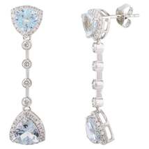 Designer Trillion Aquamarine Diamond Drop Earrings, 18k White Gold Fine Jewelry - £2,281.22 GBP