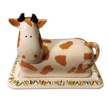 Country Cow Bull Butter Dish Happy Cottage 70s Vtg Brown 6.25”L Handpainted READ - £22.38 GBP