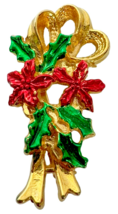 AAI Christmas Brooch Pin Vintage Red Poinsettia Flowers Goldtoned Holidays - £11.72 GBP