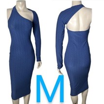 Navy Blue Honeycomb Textured One Shoulder Long Sleeve Cut Out Midi Dres~Size M - £29.64 GBP