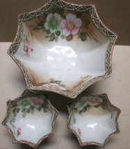 Porcelain Nippon 8 Sided Hand Painted Candy Dish Floral Design + 2 Indiv... - £39.22 GBP