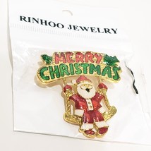 Merry Christmas Santa on Swing Fashion Brooch Red White Gold Tone 2&quot; Rinhoo - £11.67 GBP