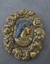 Antique Metal Cameo Style Brooch Metal Painted Enamel Hair Ornate Flowers 2.5&quot; - £23.88 GBP