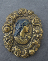 Antique Metal Cameo Style Brooch Metal Painted Enamel Hair Ornate Flowers 2.5&quot; - £23.69 GBP