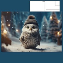 ✨POSTCARD: Cute Owl in Pom Pom Knitted Hat - Snowy Delight! ❄️ - £4.75 GBP