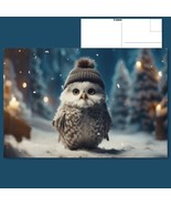 ✨POSTCARD: Cute Owl in Pom Pom Knitted Hat - Snowy Delight! ❄️ - £4.73 GBP
