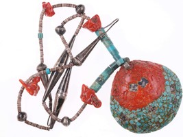 Vintage Santo Domingo pueblo silver, coral, turquoise, and shell necklace - £401.89 GBP