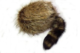Plushy Coonskin Davey Crockett Cap Real Fur Tail Raccoon Coon Daniel Boo... - $39.99