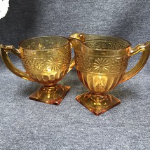 Vintage Indiana Daisy Amber Sandwich Glass Creamer and Sugar Bowl - £10.23 GBP