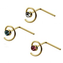 Round Simulated Aqua Crystal 9K Yellow Gold L-Shaped Coil Nose Stud 22 Gauge - £67.14 GBP