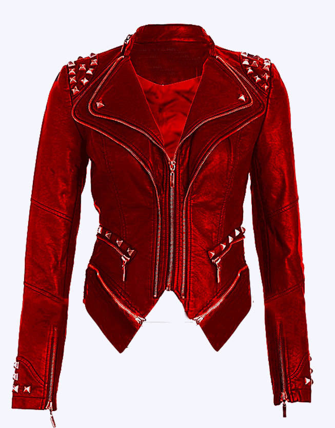 Women's Red Color Genuine Leather Silver Studded Handmade Quilted Waist Jacket