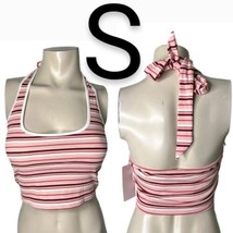 Pink/Red Multicolor Stripe Design Stretchy Ribbed Halter Open Back Top~Size S - £16.81 GBP