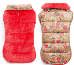 YOULY Red Floral Reversible Minky Cozy Puffer Dog Jacket Pet Coat L/XL NEW - £19.07 GBP