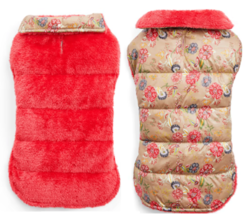 YOULY Red Floral Reversible Minky Cozy Puffer Dog Jacket Pet Coat L/XL NEW - £19.30 GBP