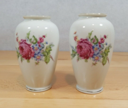 Pair Vintage Collectible Vase Hand Painted Japan Pink Roses 5.25” Romantic - £19.97 GBP