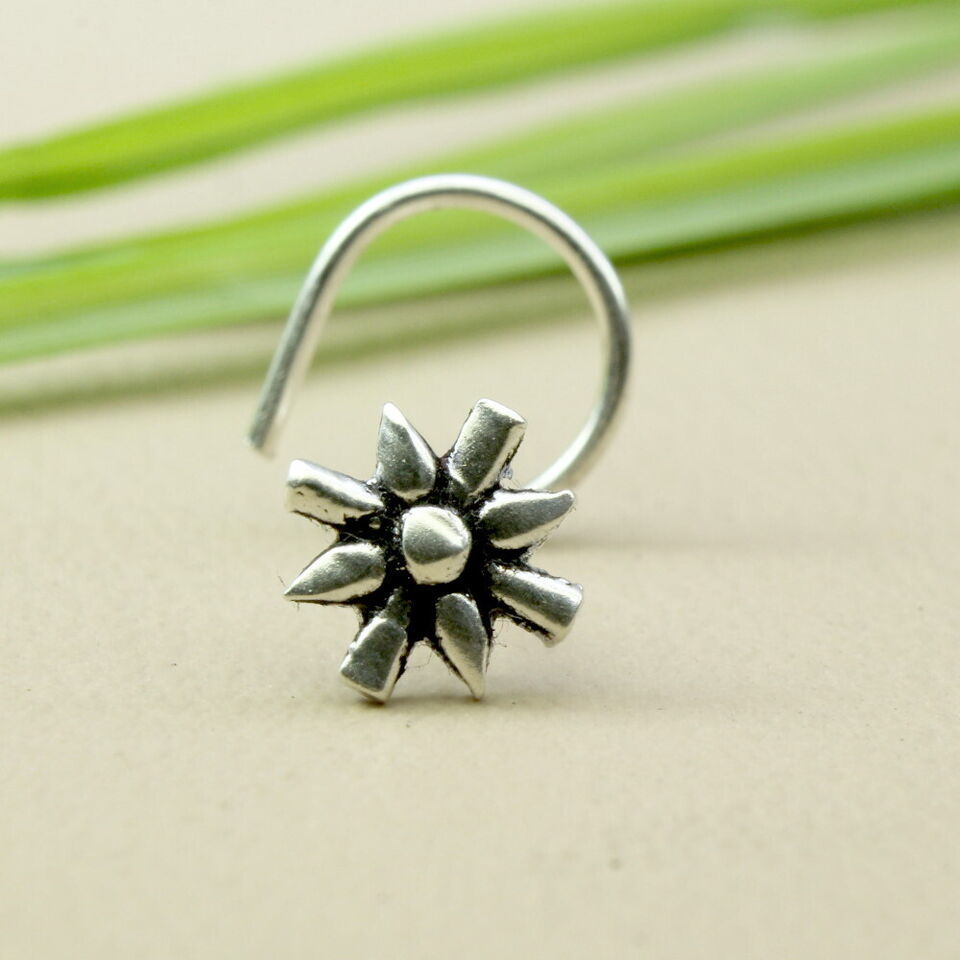 Indian Flower Real Silver nose stud Oxidized Corkscrew nose ring L bend 22g