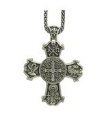 St Benedict Cross Medal Silver 925 Alpha Omega Fleur de Lis Chain Exorcism - $209.25+